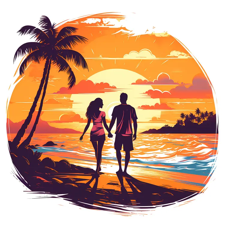 Couple Holding Hands on Beach at Sunset