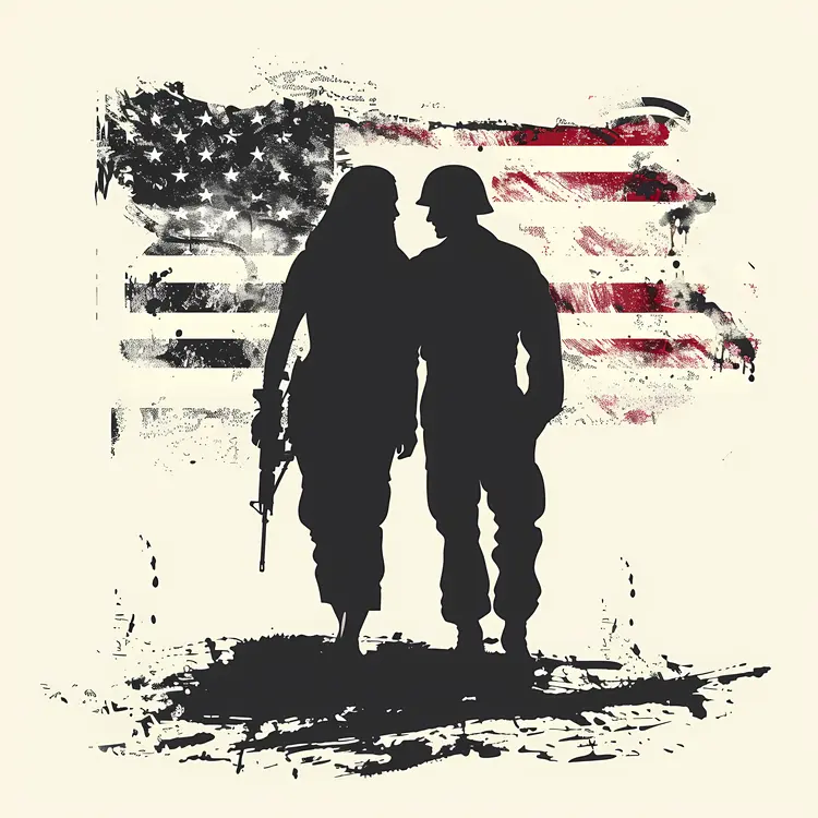 Military Couple Silhouette with Flag