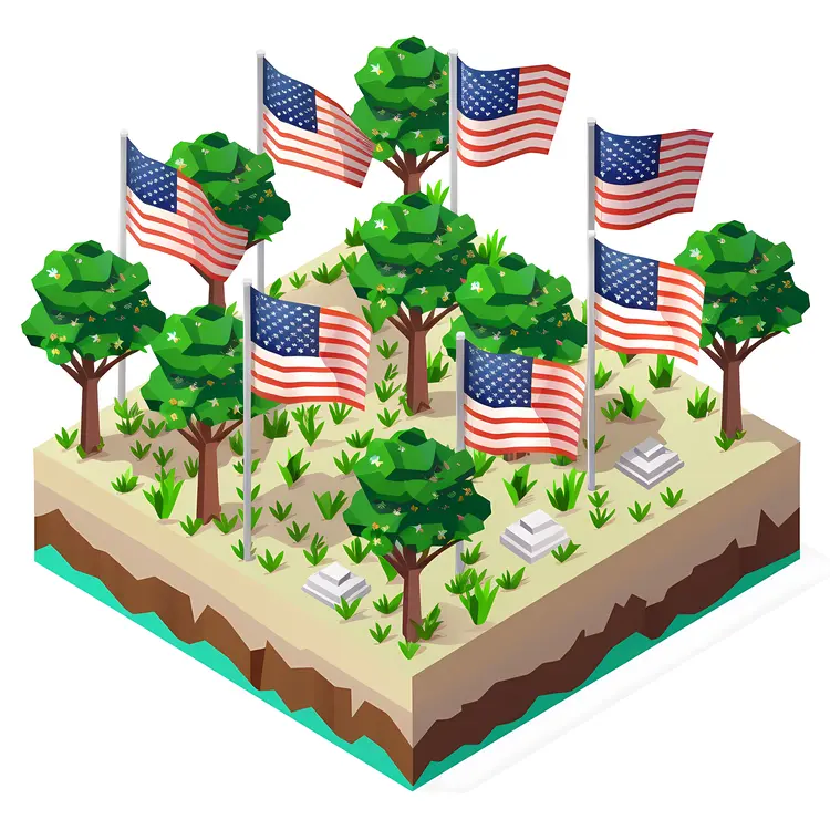 Isometric Memorial Park with American Flags