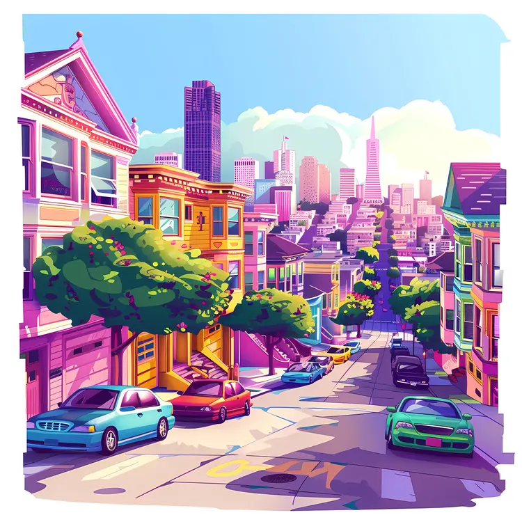 Colorful Cityscape with Street and Cars