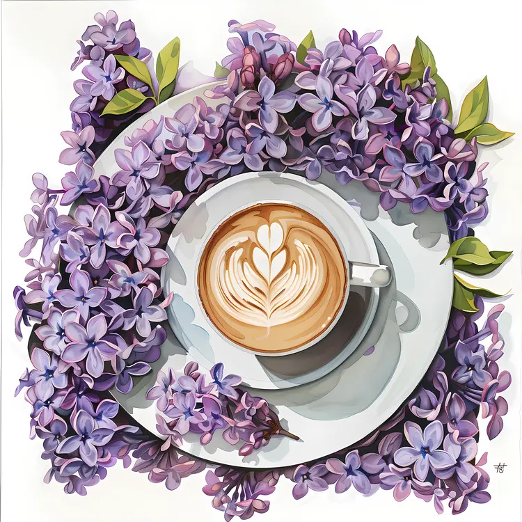 Coffee Cup with Lilac Arrangement