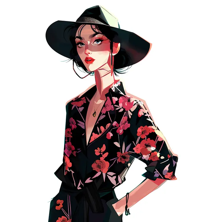 Elegant Woman in Floral Dress and Hat