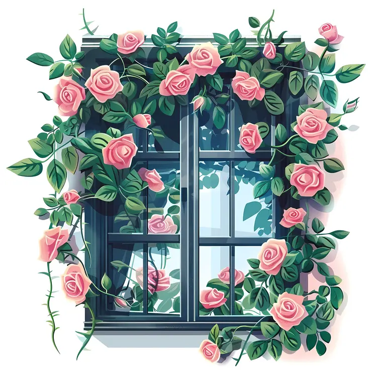 Pink Roses Climbing a Dark Window