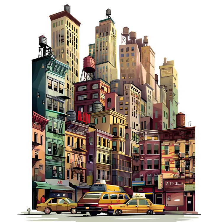 City buildings with taxis on the street