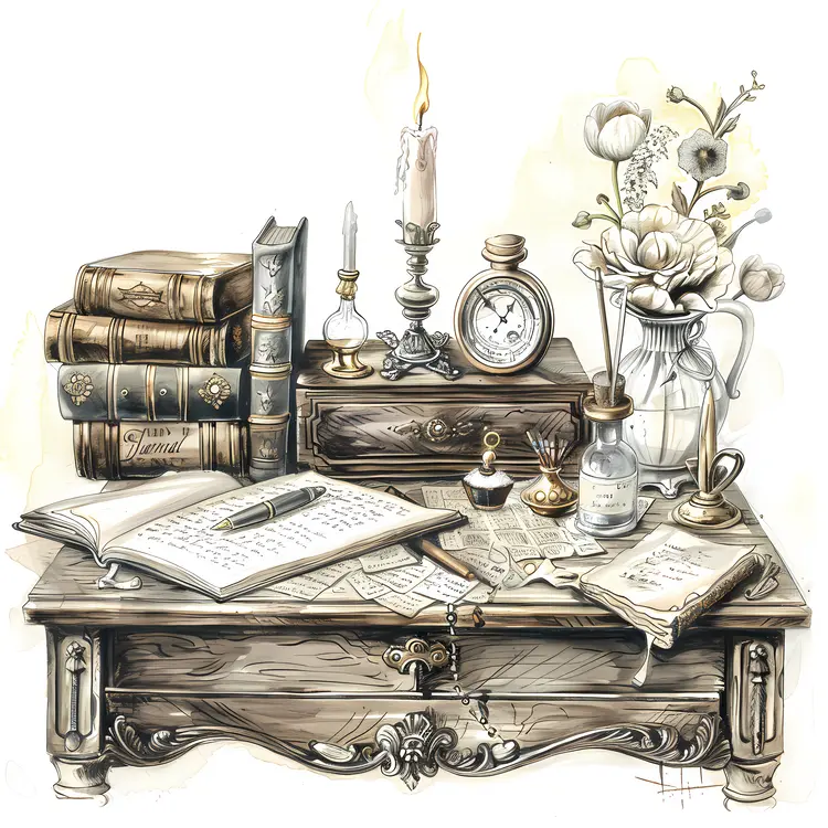 Vintage Desk with Books and Candles