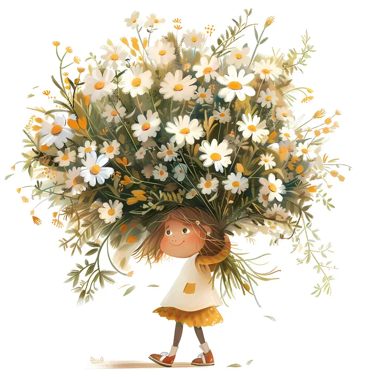 Little Girl Carrying a Huge Daisy Bouquet