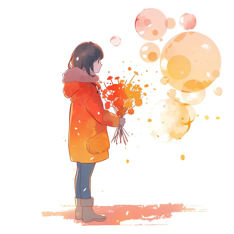 Anime Girl Holding a Bouquet of Flowers