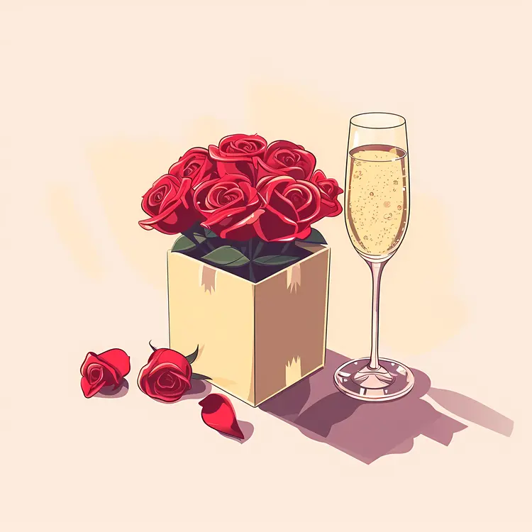 Champagne with Roses and Gift Box