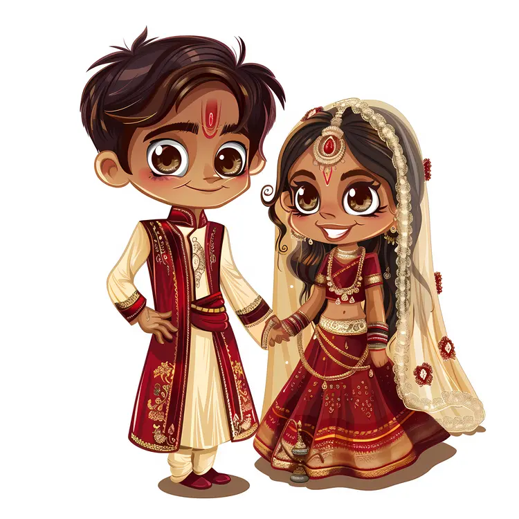Cartoon Wedding Couple in Traditional Attire