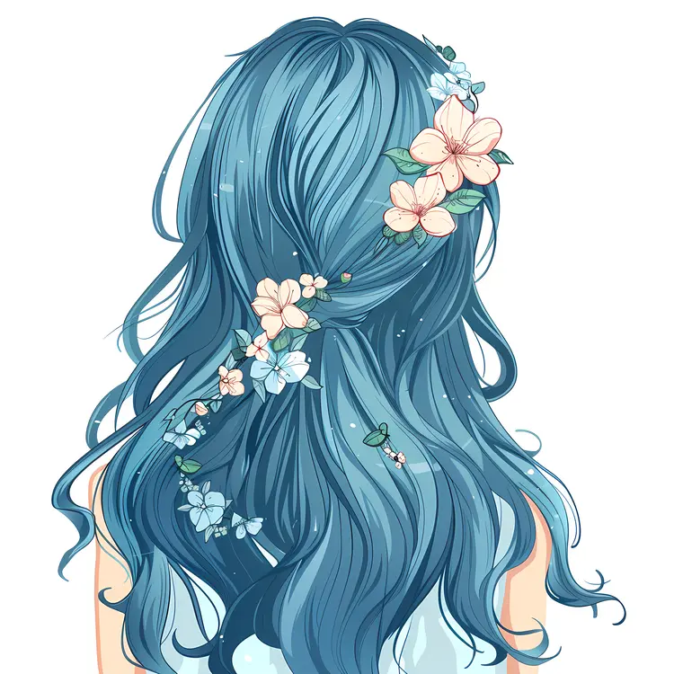 Blue Curly Hair with Flowers