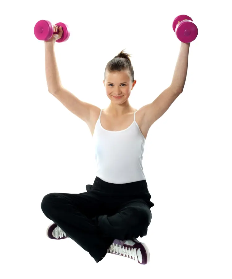 Woman Sitting and Exercising with Pink Dumbbells