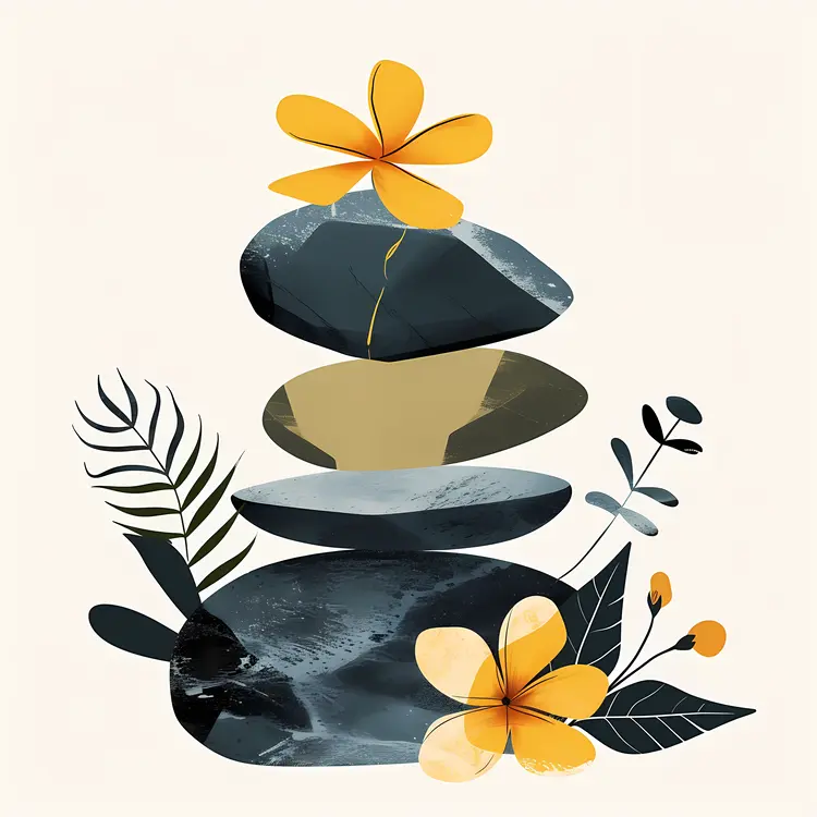 Zen Stacked Stones with Yellow Flowers