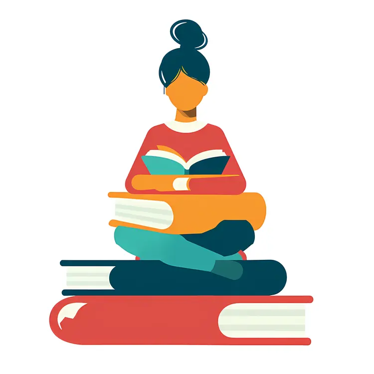 Woman Sitting on Stack of Books and Reading