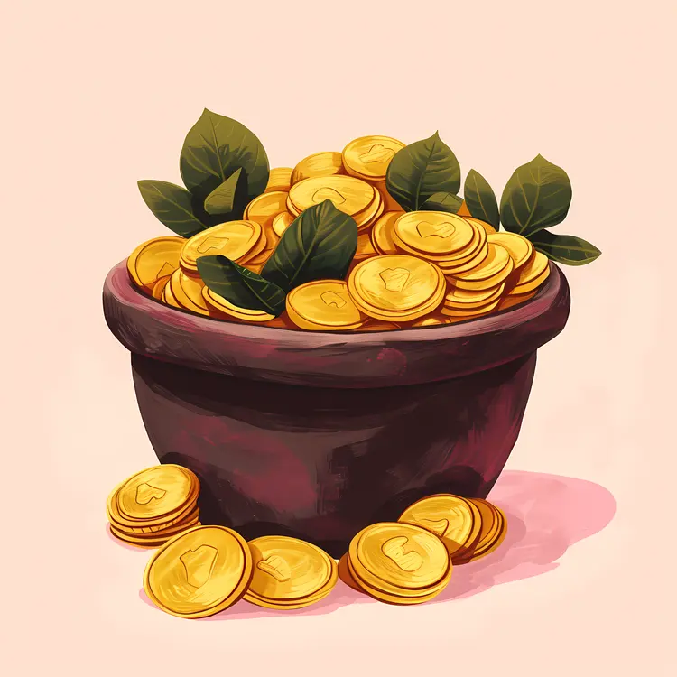 Pot of Gold Coins with Leaves