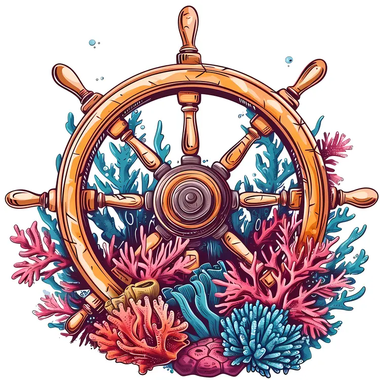 Ship Wheel with Coral and Marine Life