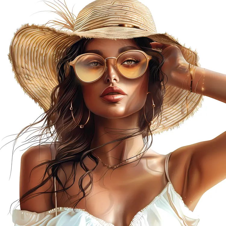 Stylish Woman in Summer Hat and Sunglasses