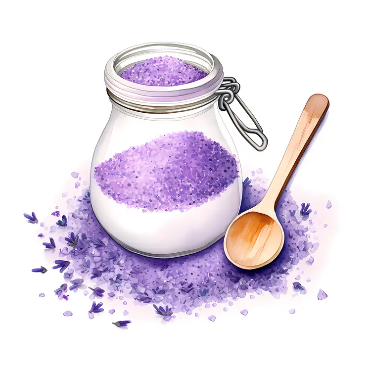 Purple Bath Salts in Jar with Wooden Spoon