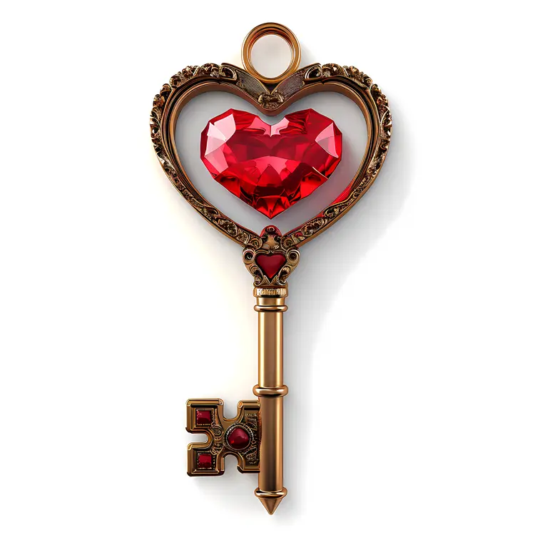Vintage Heart Key with Red Gem for Valentine's Day