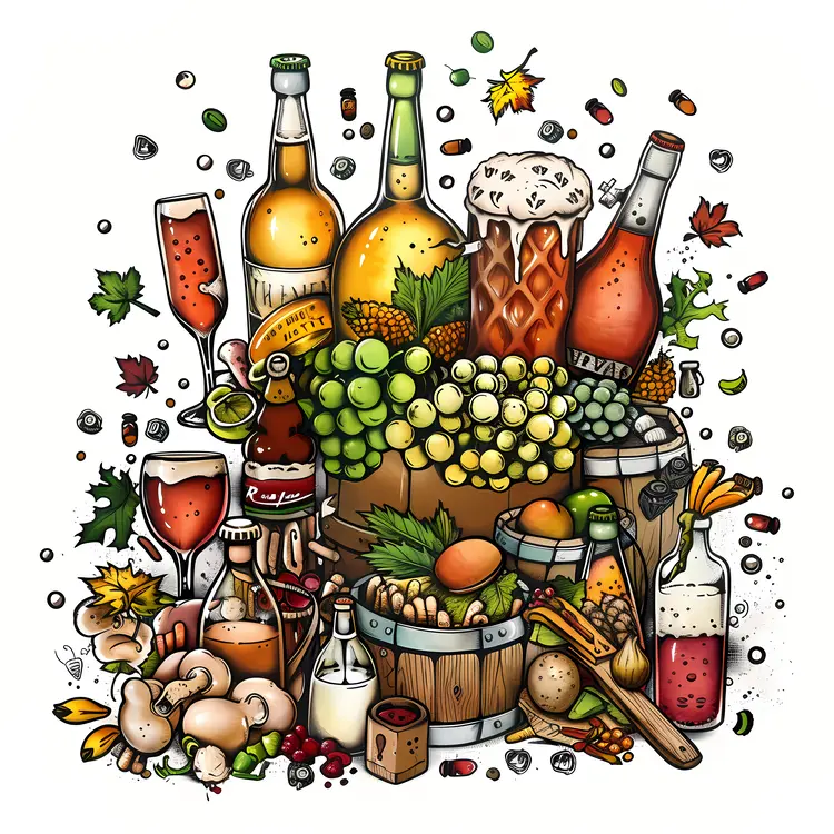 Assorted Bottles and Fruits in a Festive Arrangement