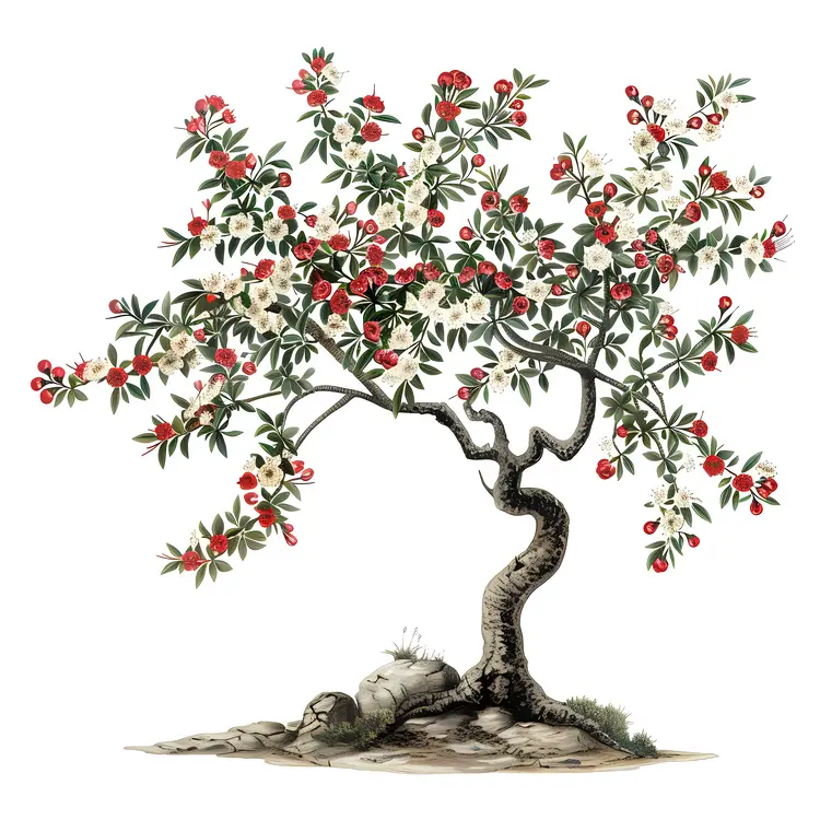 Flowering Tree with Red and White Blossoms