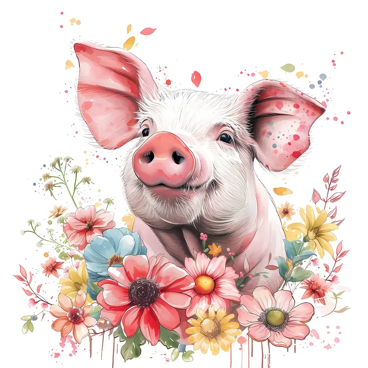 Cute Pig with Colorful Flowers