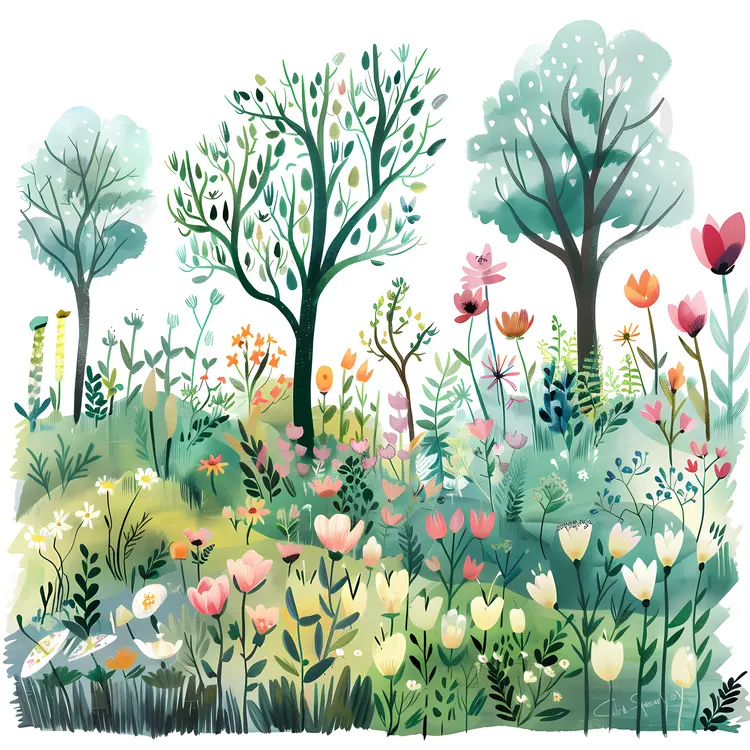Colorful Garden with Trees and Flowers