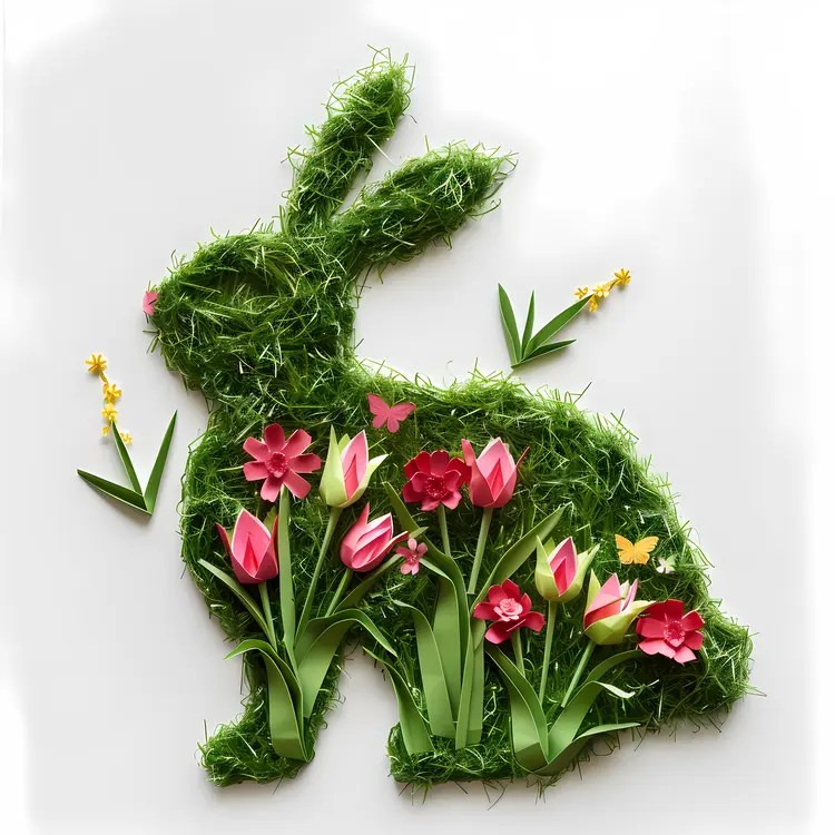 Grass Rabbit Silhouette with Pink Flowers