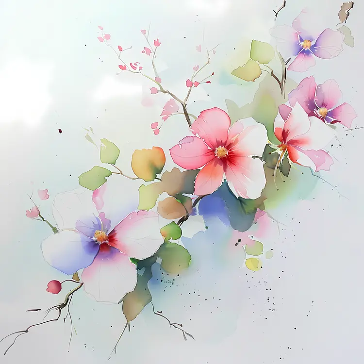 Pink and White Flowers on a Branch with Green Leaves