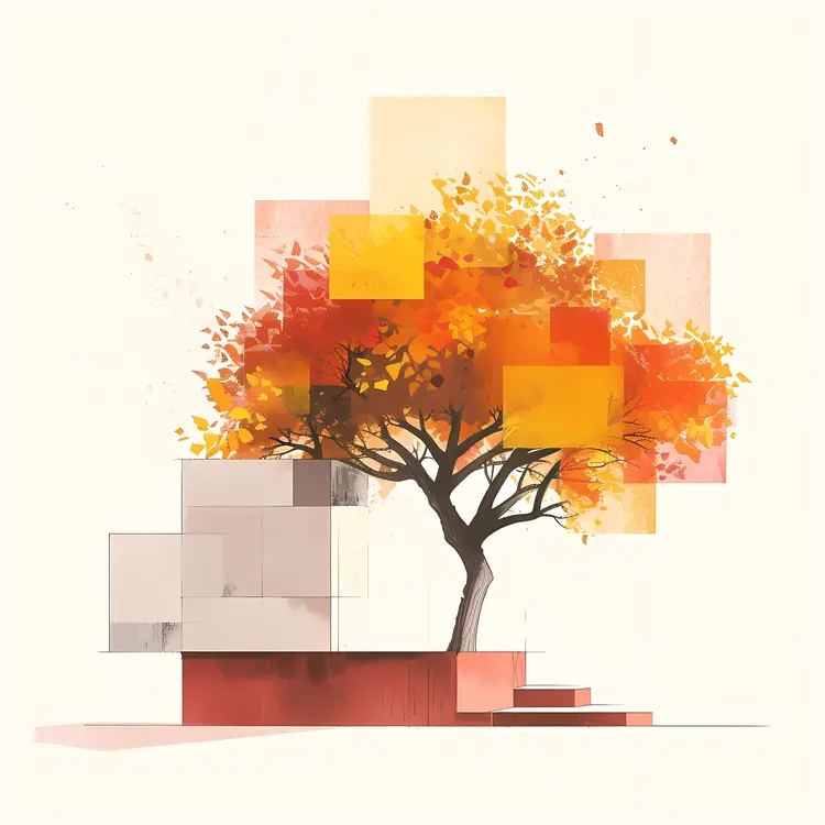 Abstract Tree with Orange Leaves and Geometric Shapes