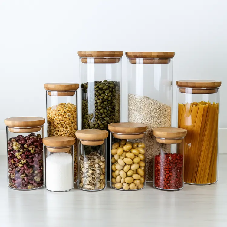 Glass Jars with Dry Goods for Kitchen Storage