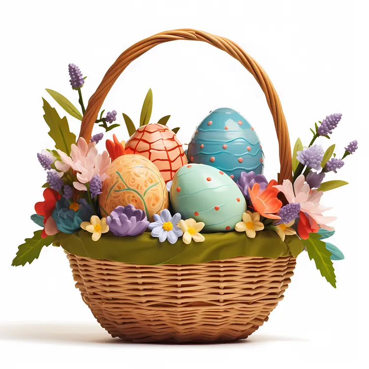 Decorative Easter Eggs in a Basket with Flowers