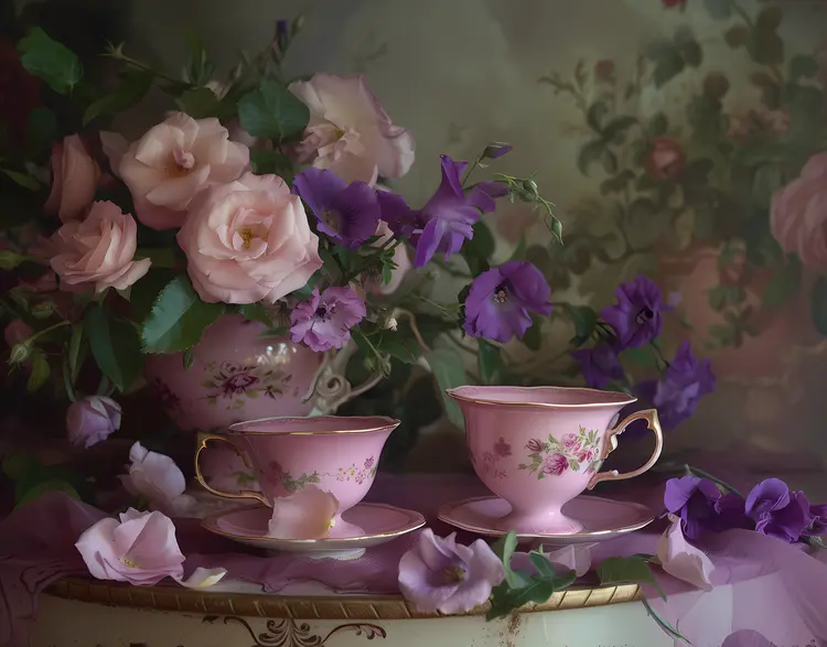 Floral Teacups with Roses and Purple Flowers
