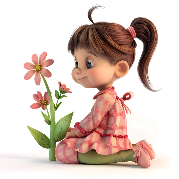 Girl Sitting and Admiring a Flower