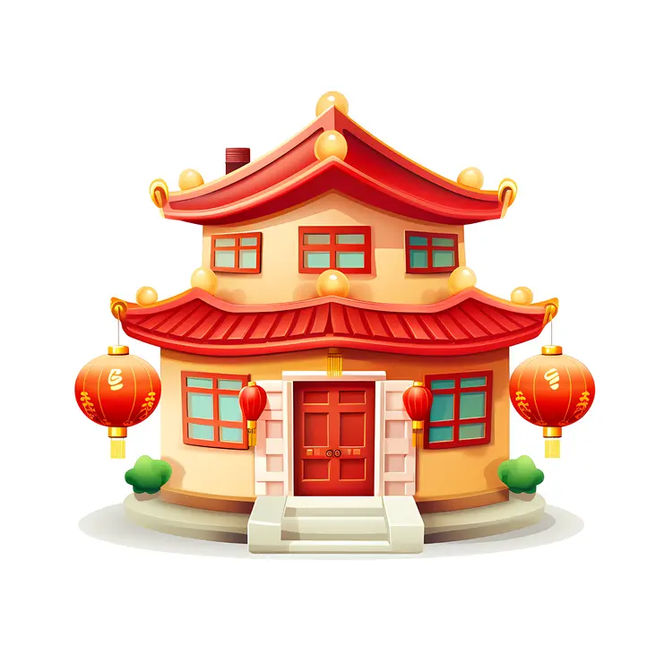 Traditional House with Red Roof and Lanterns