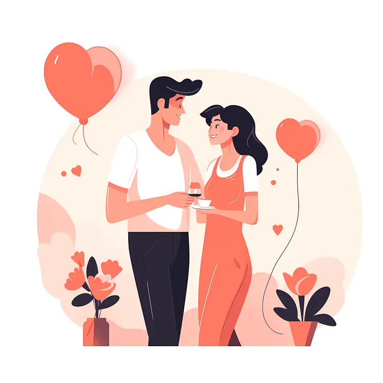 Romantic Couple with Balloons Illustration