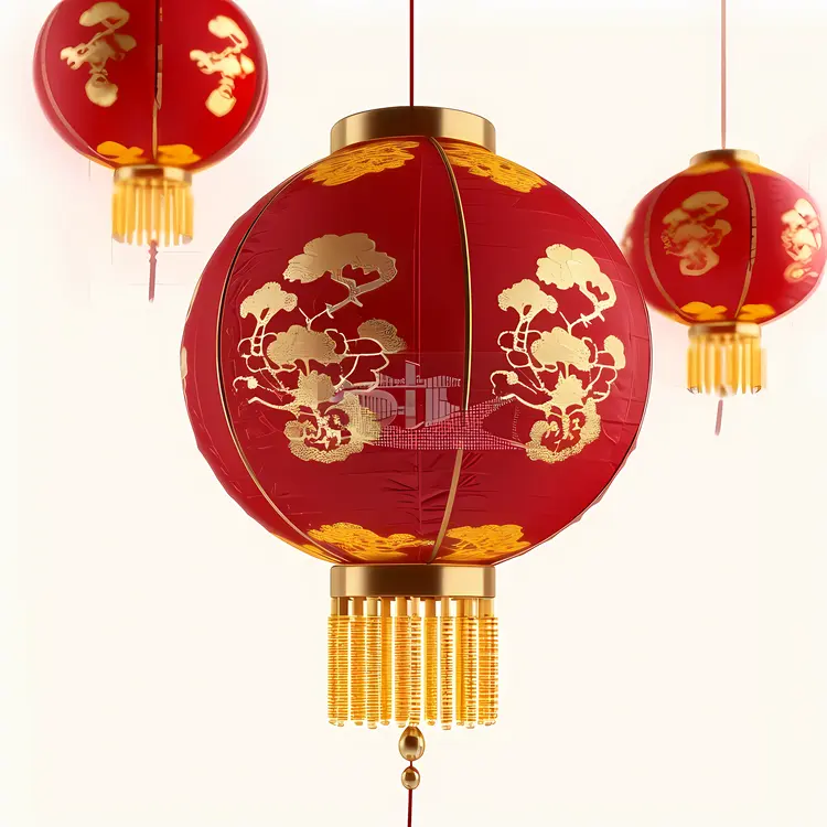 Red Lantern with Golden Floral Design for Chinese New Year