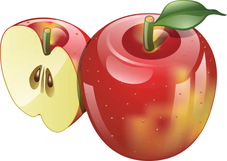 Whole and Half Red Apple with Leaves