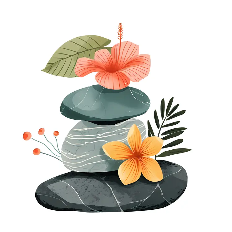 Zen Stacked Stones with Flowers and Leaves