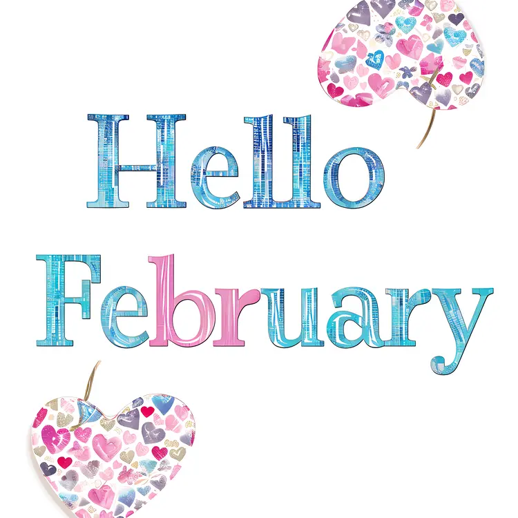Colorful Hello February Text with Hearts