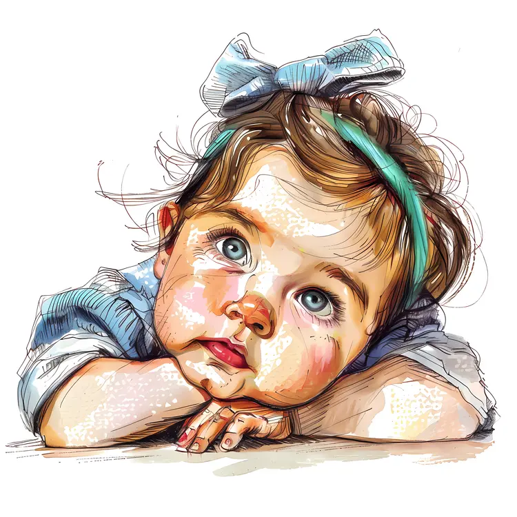 Baby with Headband Laying Down in Detailed Drawing