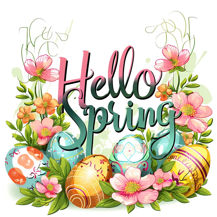 Hello Spring with Flowers and Easter Eggs
