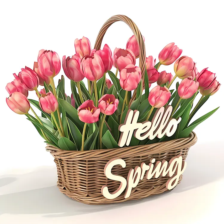 Hello Spring with Pink Tulips in Basket