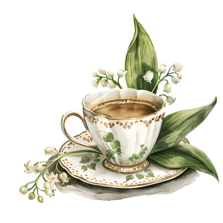 咖啡杯和铃兰花艺术