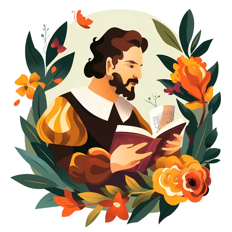 Man Reading a Book with Floral Background