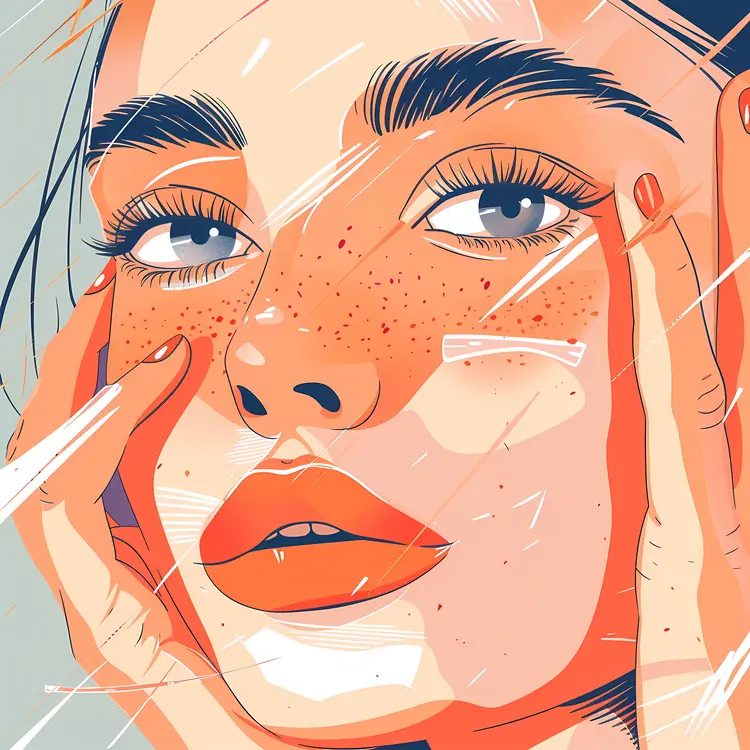 Illustrated Woman with Freckles and Orange Lips