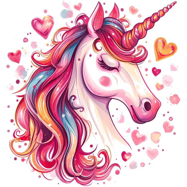 Unicorn with Colorful Mane and Hearts