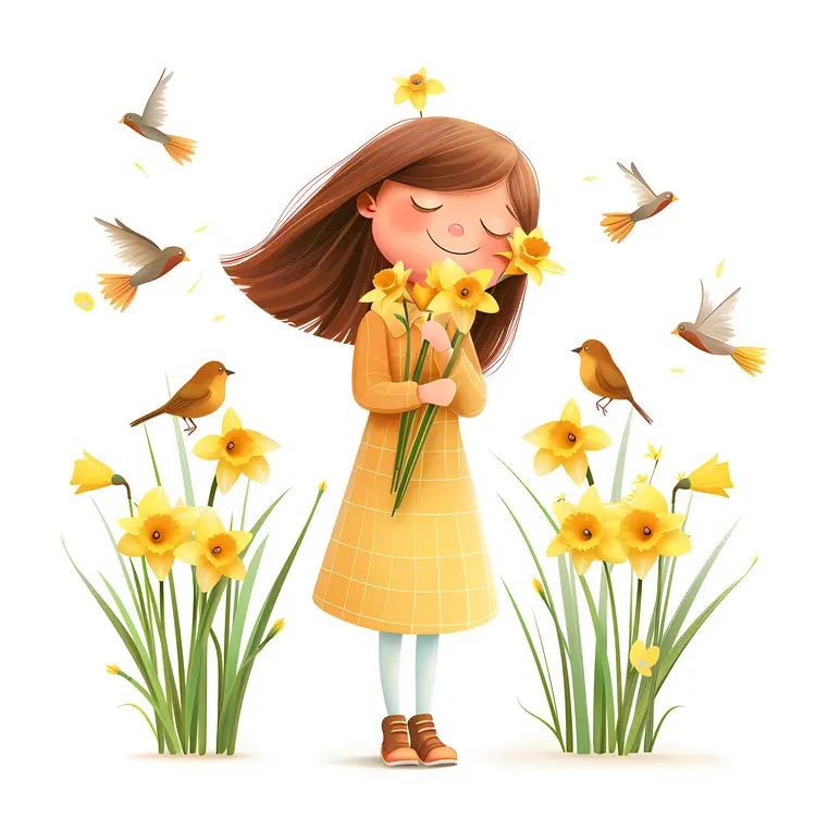 Girl Holding Flowers with Birds Around