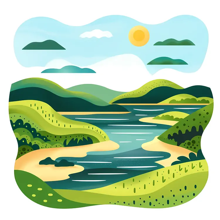 Sunny River Valley with Rolling Hills