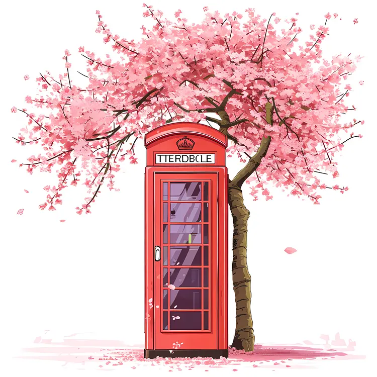 Red Phone Booth with Cherry Blossom Tree