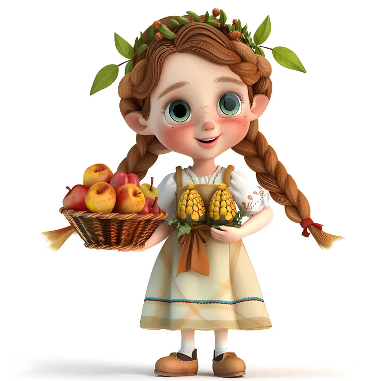 Cartoon Girl Holding Basket of Fruits and Corn
